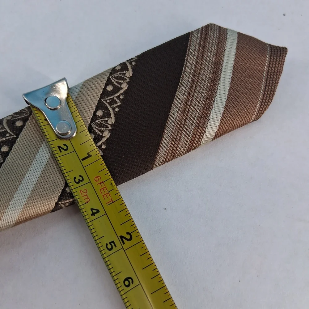Beau Brummell Necktie Mens‎ Brown Tan Striped Vintage Geometric Embroidered Tie
